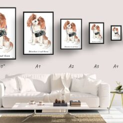 Adventure is out there Cavalier King Charles Spaniel dog print illustration. Framed & un-framed wall art 11 adventure is out there portrait print cavalier king charles spaniel size comparison
