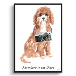 Adventure is out there Cavapoo dog print illustration. Framed & un-framed wall art
