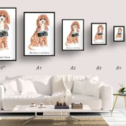 Adventure is out there Cavapoo dog print illustration. Framed & un-framed wall art 11 adventure is out there portrait print cavapoo size comparison