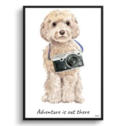 Adventure is out there Champagne cockapoo dog print illustration. Framed & un-framed wall art