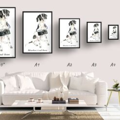 Adventure is out there English Pointer dog print illustration. Framed & un-framed wall art 11 adventure is out there portrait print english pointer size comparison