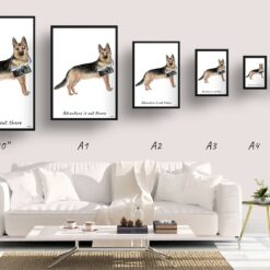 Adventure is out there German Shepherd dog print illustration. Framed & un-framed wall art 11 adventure is out there portrait print german shepherd size comparison