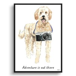 Adventure is out there Golden Doodle dog print illustration. Framed & un-framed wall art