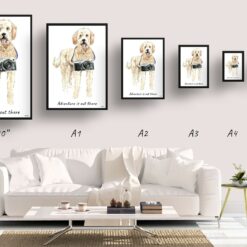 Adventure is out there Golden Doodle dog print illustration. Framed & un-framed wall art 11 adventure is out there portrait print golden doodle size comparison