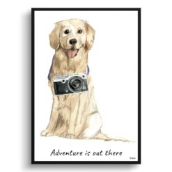Adventure is out there Golden Retriever dog print illustration. Framed & un-framed wall art