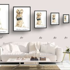 Adventure is out there Golden Retriever dog print illustration. Framed & un-framed wall art 11 adventure is out there portrait print golden retriever size comparison