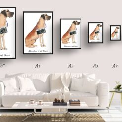 Adventure is out there Great Dane dog print illustration. Framed & un-framed wall art 11 adventure is out there portrait print great dane size comparison