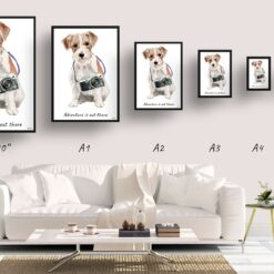 Adventure is out there Jack Russell dog print illustration. Framed & un-framed wall art 11 adventure is out there portrait print jack russel size comparison