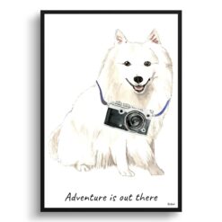 Adventure is out there Japanese Spitz dog print illustration. Framed & un-framed wall art