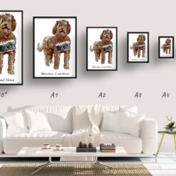 Adventure is out there Labradoodle dog print illustration. Framed & un-framed wall art 11 adventure is out there portrait print labradoodle size comparison