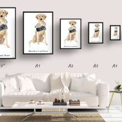 Adventure is out there Labrador retriever dog print illustration. Framed & un-framed wall art 11 adventure is out there portrait print labrador retriever size comparison