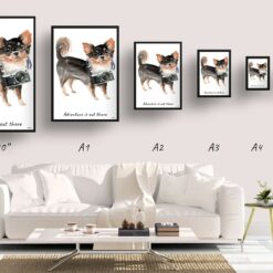 Adventure is out there Long Haired Chihuahua dog print illustration. Framed & un-framed wall art 11 adventure is out there portrait print long haired chihuahua size comparison