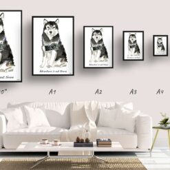 Adventure is out there Malamute dog print illustration. Framed & un-framed wall art 11 adventure is out there portrait print malamute size comparison