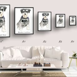 Adventure is out there Miniature Schnauzer dog print illustration. Framed & un-framed wall art 11 adventure is out there portrait print miniature schnauzer size comparison