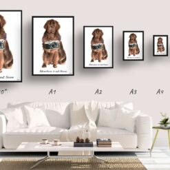 Adventure is out there Newfoundland dog print illustration. Framed & un-framed wall art 11 adventure is out there portrait print newfoundland size comparison
