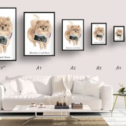 Adventure is out there Pomeranian dog print illustration. Framed & un-framed wall art 11 adventure is out there portrait print pomeranian size comparison