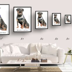Adventure is out there Rottweiler dog print illustration. Framed & un-framed wall art 11 adventure is out there portrait print rottweiler size comparison