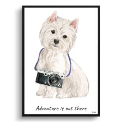Adventure is out there Westie dog print illustration. Framed & un-framed wall art