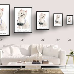Adventure is out there Westie dog print illustration. Framed & un-framed wall art 11 adventure is out there portrait print westie size comparison