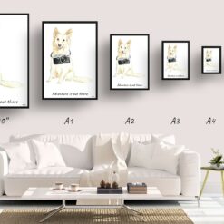 Adventure is out there White Collie dog print illustration. Framed & un-framed wall art 11 adventure is out there portrait print white collie size comparison