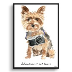 Adventure is out there Yorkshire Terrier dog print illustration. Framed & un-framed wall art