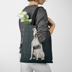 American Staffordshire terrier Dog Denim Style Tote Bag 38 denim dogs tote american staffordshire terrier dark denim tote woman jumper walking view