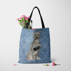 American Staffordshire terrier grey Dog Denim Style Tote Bag 35 denim dogs tote american staffordshire terrier grey bleached damask denim tote standing carnations