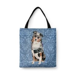 Australian Shepherd Dog Denim Style Tote Bag 31 denim dogs tote australian shepherd bleached damask denim front view white