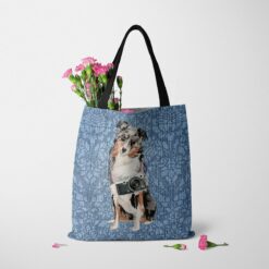 Australian Shepherd Dog Denim Style Tote Bag 35 denim dogs tote australian shepherd bleached damask denim tote standing carnations