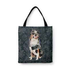 Australian Shepherd Dog Denim Style Tote Bag 30 denim dogs tote australian shepherd dark damask denim front view white