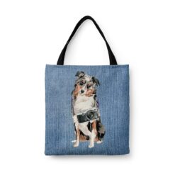 Australian Shepherd Dog Denim Style Tote Bag 32 denim dogs tote australian shepherd gently faded denim front view white