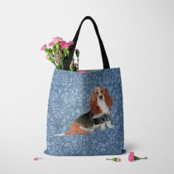 denim dogs tote basset hound bleached damask denim tote standing carnations