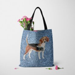 denim dogs tote beagle bleached damask denim tote standing carnations