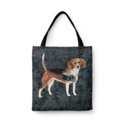 denim dogs tote beagle dark damask denim front view white