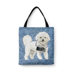 Bichon Frise Dog Denim Style Tote Bag 31 denim dogs tote bichon frise bleached damask denim front view white