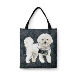 Bichon Frise Dog Denim Style Tote Bag 30 denim dogs tote bichon frise dark damask denim front view white