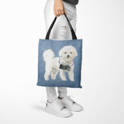 Bichon Frise Dog Denim Style Tote Bag 40 denim dogs tote bichon frise gently faded denim tote woman trowsers walking view