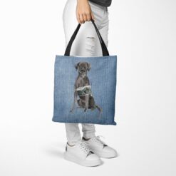 Black Lab Dog Denim Style Tote Bag 40 denim dogs tote black lab gently faded denim tote woman trowsers walking view