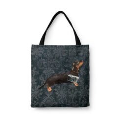 Black & Tan Dachshund Dog Denim Style Tote Bag 30 denim dogs tote black tan dachshund dark damask denim front view white
