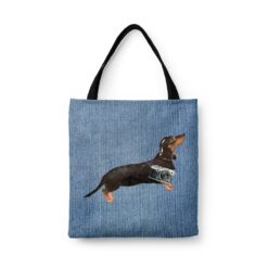 Black & Tan Dachshund Dog Denim Style Tote Bag 32 denim dogs tote black tan dachshund gently faded denim front view white