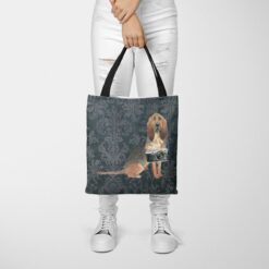 BloodHound Dog Denim Style Tote Bag 37 denim dogs tote bloodhound dark damask denim tote woman trowsers front view