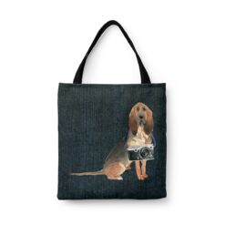 BloodHound Dog Denim Style Tote Bag 33 denim dogs tote bloodhound dark denim front view white