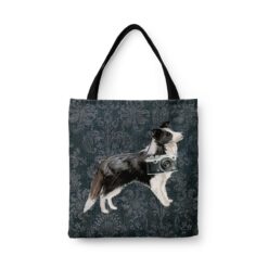 Border Collie Dog Denim Style Tote Bag 30 denim dogs tote border collie dark damask denim front view white