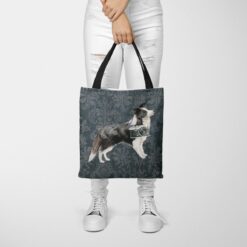 Border Collie Dog Denim Style Tote Bag 37 denim dogs tote border collie dark damask denim tote woman trowsers front view