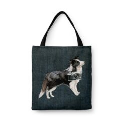 Border Collie Dog Denim Style Tote Bag 33 denim dogs tote border collie dark denim front view white