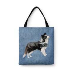 Border Collie Dog Denim Style Tote Bag 32 denim dogs tote border collie gently faded denim front view white