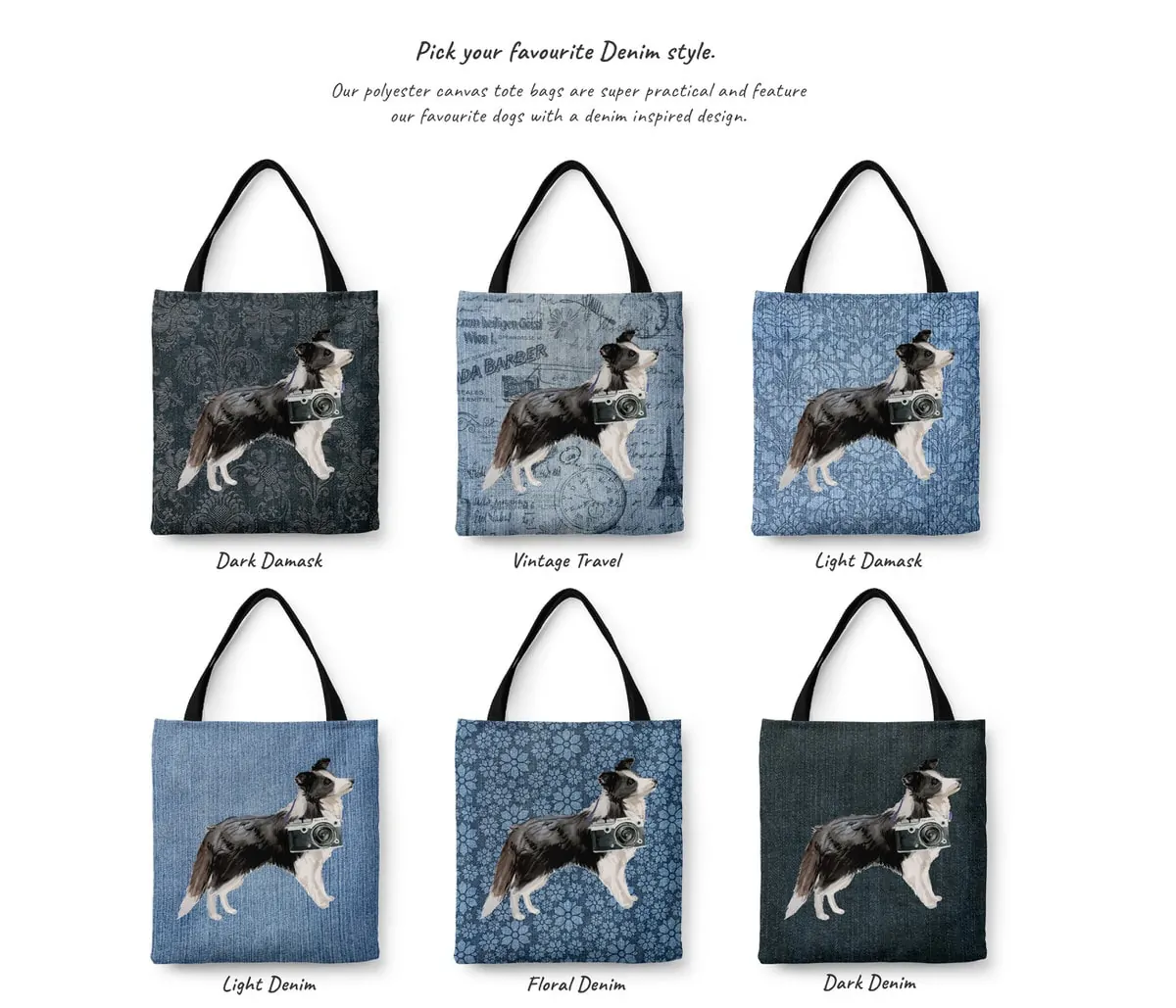 Border Collie Dog Denim Style Tote Bag 4 Border Collie Dog Denim Style Tote Bag - Image 2