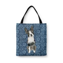 Boston Terrier Dog Denim Style Tote Bag 34 denim dogs tote boston terrier daisy denim front view white