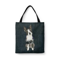 Boston Terrier Dog Denim Style Tote Bag 33 denim dogs tote boston terrier dark denim front view white