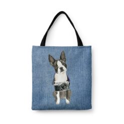 Boston Terrier Dog Denim Style Tote Bag 32 denim dogs tote boston terrier gently faded denim front view white